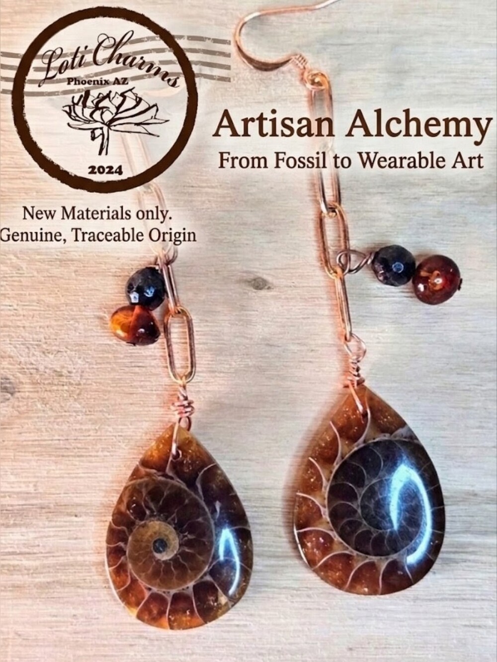 Genuine Stellar Ammonite In Handmade Artisan Statement Earrings In Copper
